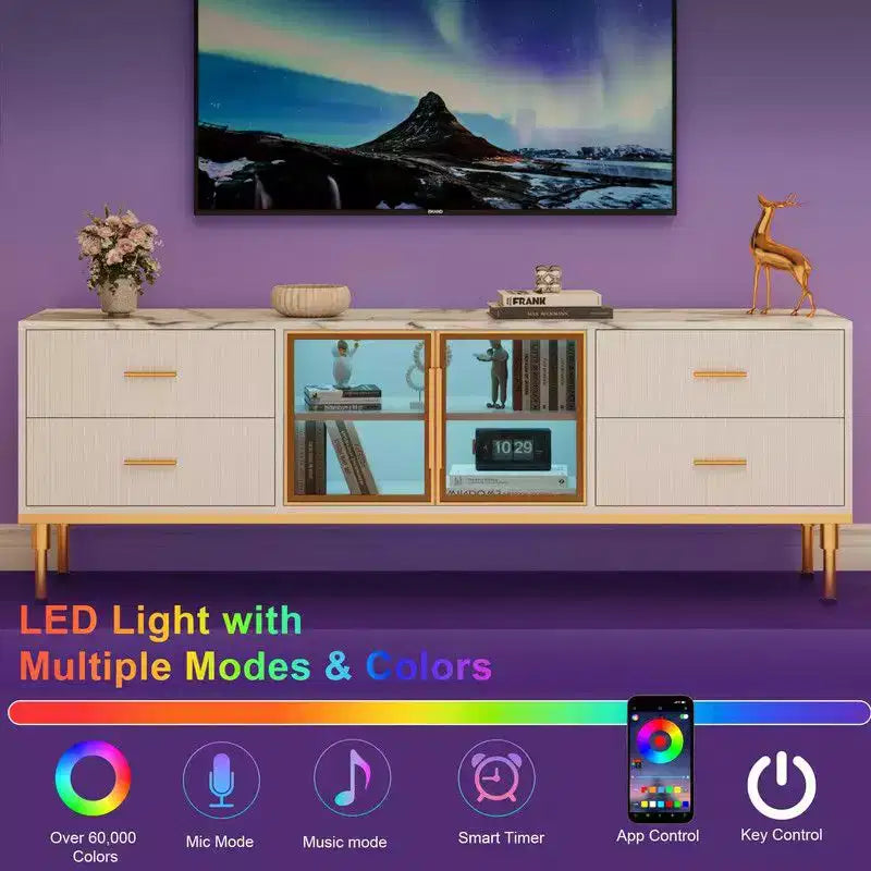 Meuble TV lumineux à LED pour téléviseurs de 55 à 75 pouces, centre de divertissement moderne avec tiroirs et étagères, portes vitrées, meubles de salon