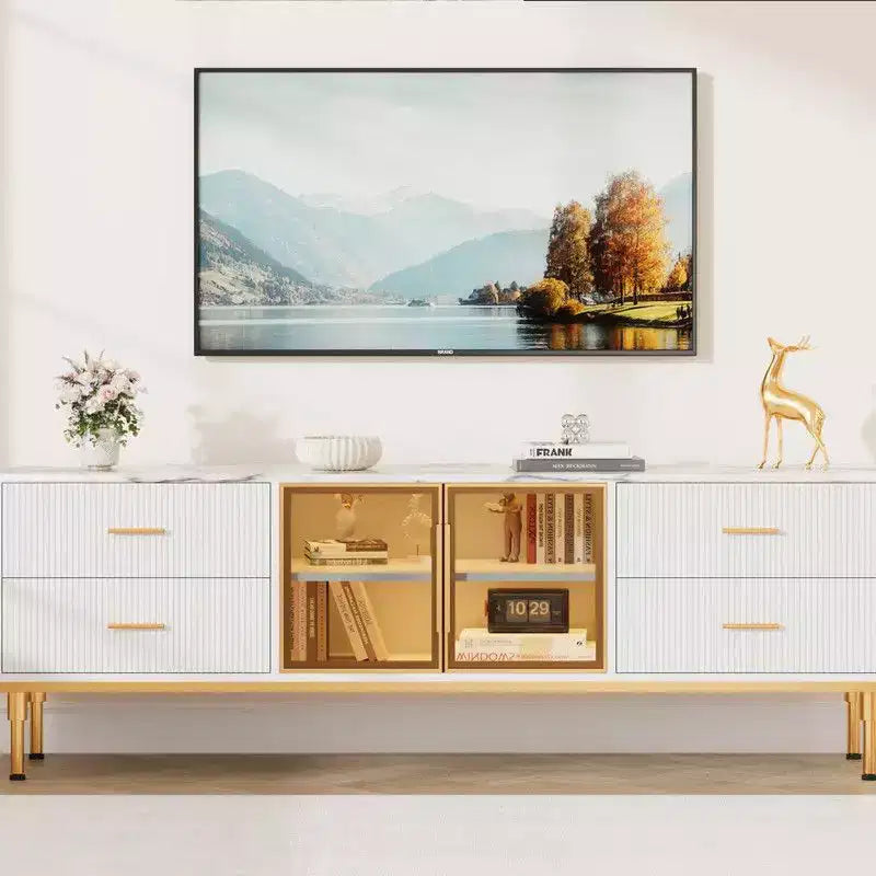 Meuble TV lumineux à LED pour téléviseurs de 55 à 75 pouces, centre de divertissement moderne avec tiroirs et étagères, portes vitrées, meubles de salon