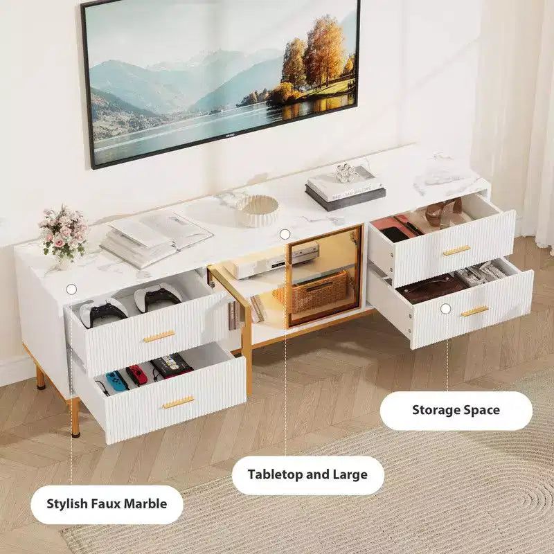 Meuble TV lumineux à LED pour téléviseurs de 55 à 75 pouces, centre de divertissement moderne avec tiroirs et étagères, portes vitrées, meubles de salon