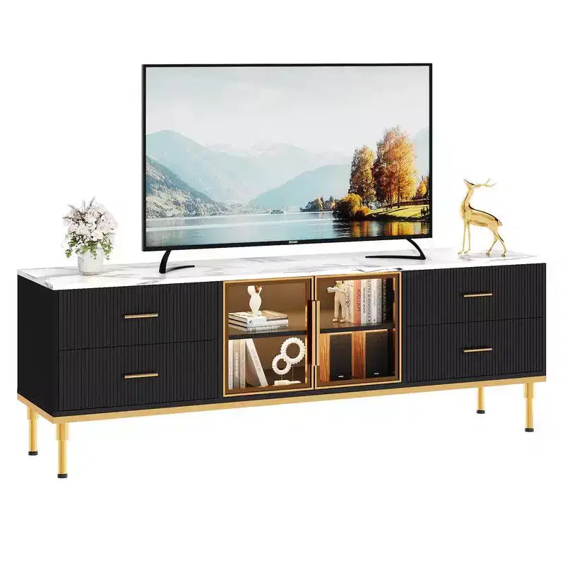 Meuble TV lumineux à LED pour téléviseurs de 55 à 75 pouces, centre de divertissement moderne avec tiroirs et étagères, portes vitrées, meubles de salon