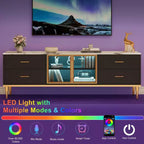 Meuble TV lumineux à LED pour téléviseurs de 55 à 75 pouces, centre de divertissement moderne avec tiroirs et étagères, portes vitrées, meubles de salon