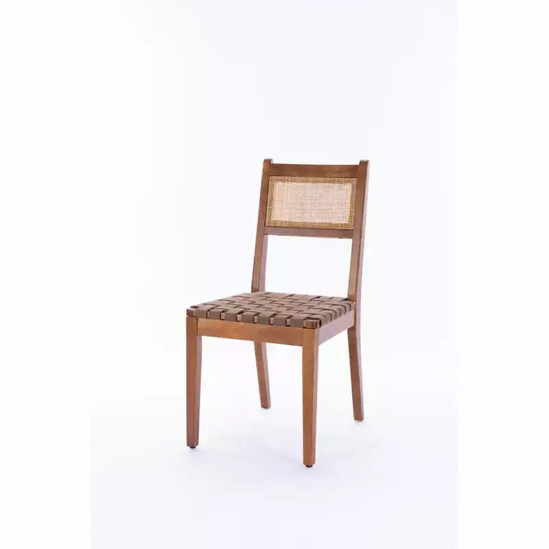 GDFStudio Karter Chaise de salle à manger moderne en bois d'hévéa et similicuir avec dossier en rotin (Lot de 2)