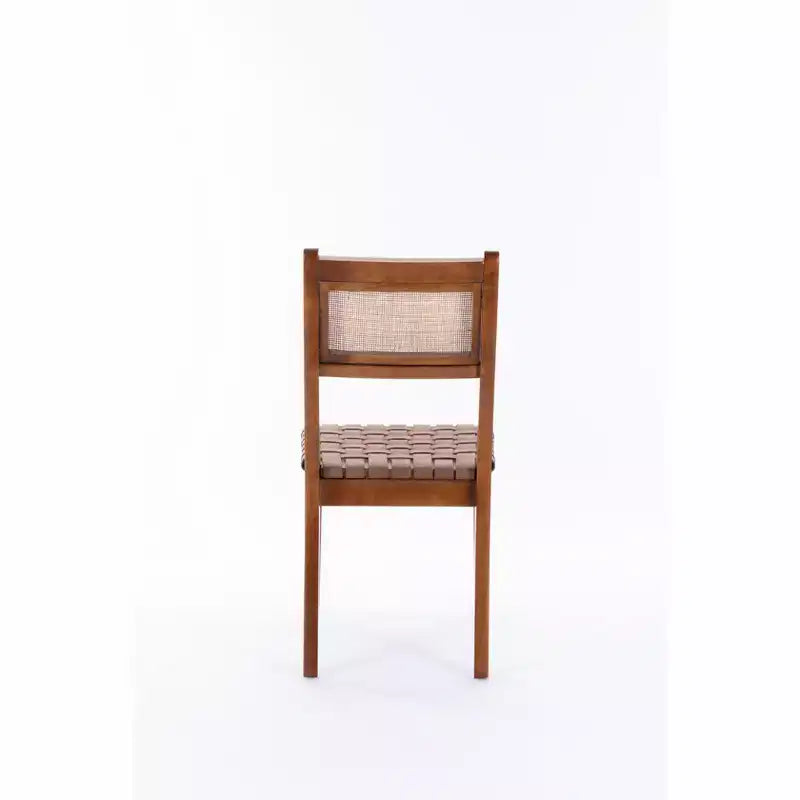 GDFStudio Karter Chaise de salle à manger moderne en bois d'hévéa et similicuir avec dossier en rotin (Lot de 2)