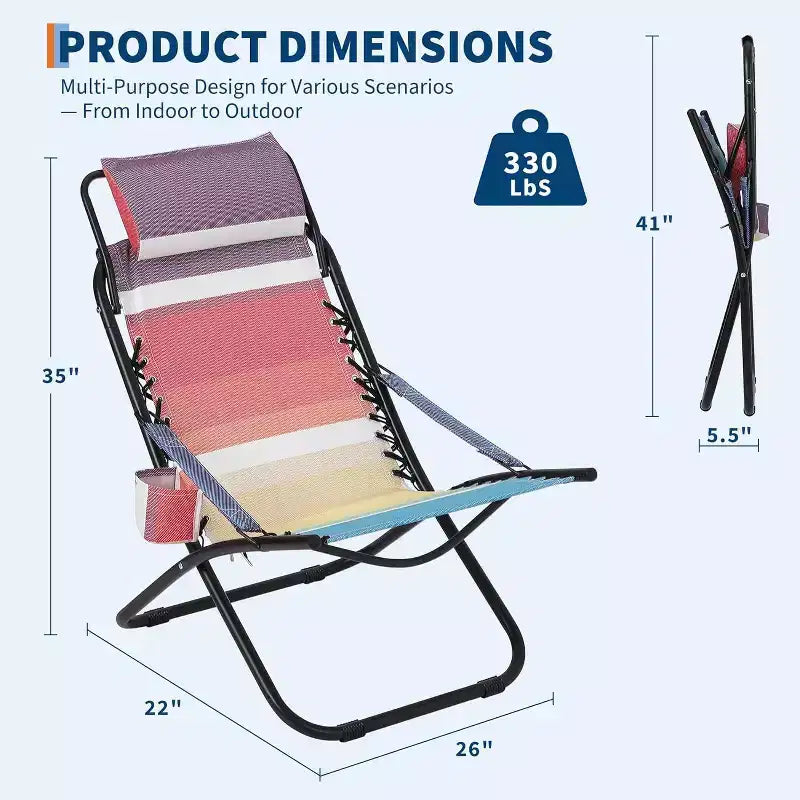 Chaises de plage pour adultes, chaise pliante portable avec appuie-tête et porte-gobelet, chaises de camping pour la plage et le jardin, supporte jusqu'à 113 kg