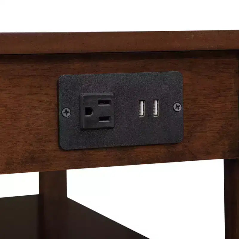Table d'appoint HomeStock Belmont avec tiroir, station de charge intégrée, ports USB et trois étagères, table d'appoint moderne pour le rangement à domicile