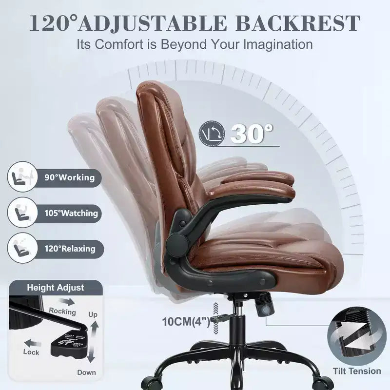Chaise de bureau KERDOM, chaise de bureau en cuir PU pivotante avec hauteur réglable, marron