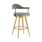 Chaise de bar pivotante HomeRoots de 30 po de hauteur, dossier bas, en tissu gris et or et acier inoxydable