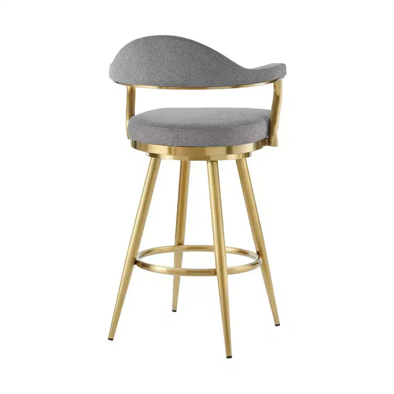 Chaise de bar pivotante HomeRoots de 30 po de hauteur, dossier bas, en tissu gris et or et acier inoxydable