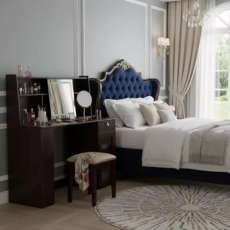 Coiffeuse Homy Casa avec miroir LED, rangement et tabouret pour chambre ou dressing, Noyer
