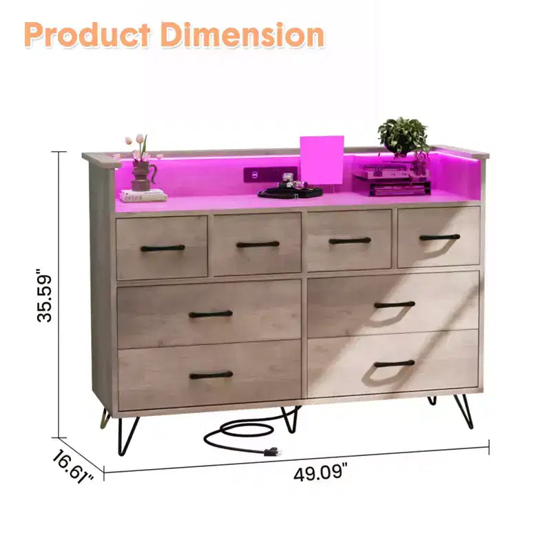 Meuble TV commode COZONY 8 tiroirs, centre de divertissement en bois avec éclairage LED, station de charge, grand rangement pour chambre et salon