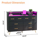 Meuble TV commode COZONY 8 tiroirs, centre de divertissement en bois avec éclairage LED, station de charge, grand rangement pour chambre et salon