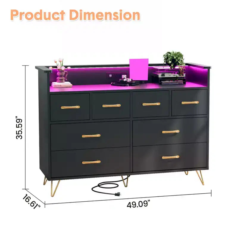 Meuble TV commode COZONY 8 tiroirs, centre de divertissement en bois avec éclairage LED, station de charge, grand rangement pour chambre et salon