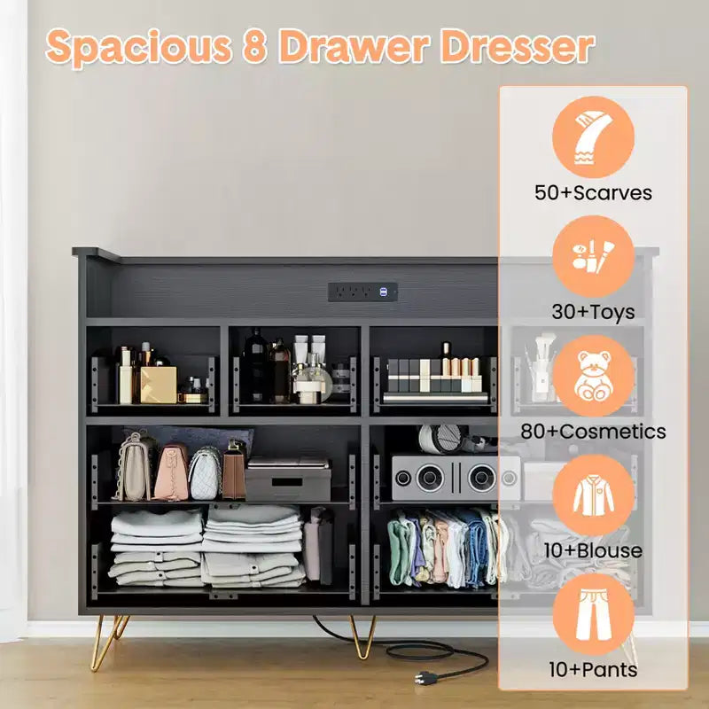 Meuble TV commode COZONY 8 tiroirs, centre de divertissement en bois avec éclairage LED, station de charge, grand rangement pour chambre et salon