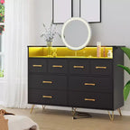 Meuble TV commode COZONY 8 tiroirs, centre de divertissement en bois avec éclairage LED, station de charge, grand rangement pour chambre et salon