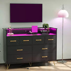 Meuble TV commode COZONY 8 tiroirs, centre de divertissement en bois avec éclairage LED, station de charge, grand rangement pour chambre et salon