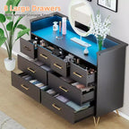 Meuble TV commode COZONY 8 tiroirs, centre de divertissement en bois avec éclairage LED, station de charge, grand rangement pour chambre et salon