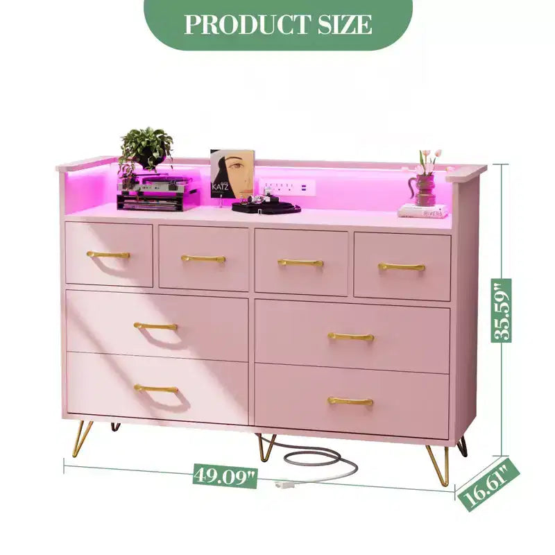 Meuble TV commode COZONY 8 tiroirs, centre de divertissement en bois avec éclairage LED, station de charge, grand rangement pour chambre et salon