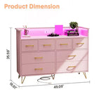 Meuble TV commode COZONY 8 tiroirs, centre de divertissement en bois avec éclairage LED, station de charge, grand rangement pour chambre et salon