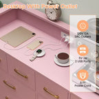 Meuble TV commode COZONY 8 tiroirs, centre de divertissement en bois avec éclairage LED, station de charge, grand rangement pour chambre et salon
