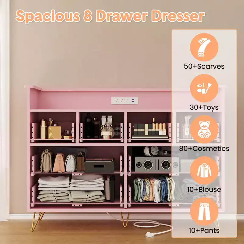 Meuble TV commode COZONY 8 tiroirs, centre de divertissement en bois avec éclairage LED, station de charge, grand rangement pour chambre et salon
