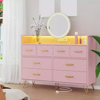 Meuble TV commode COZONY 8 tiroirs, centre de divertissement en bois avec éclairage LED, station de charge, grand rangement pour chambre et salon
