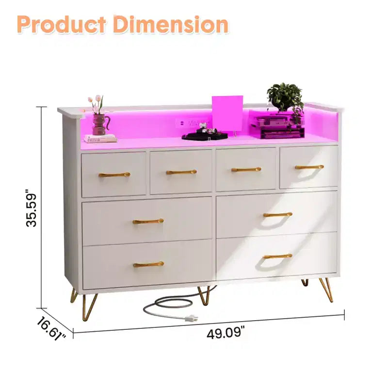Meuble TV commode COZONY 8 tiroirs, centre de divertissement en bois avec éclairage LED, station de charge, grand rangement pour chambre et salon