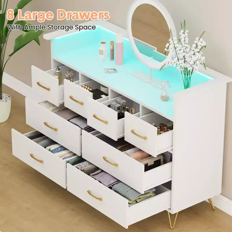 Meuble TV commode COZONY 8 tiroirs, centre de divertissement en bois avec éclairage LED, station de charge, grand rangement pour chambre et salon