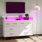 Meuble TV commode COZONY 8 tiroirs, centre de divertissement en bois avec éclairage LED, station de charge, grand rangement pour chambre et salon