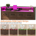 Meuble TV commode COZONY 8 tiroirs, centre de divertissement en bois avec éclairage LED, station de charge, grand rangement pour chambre et salon