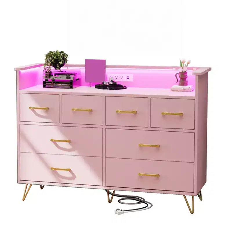 Meuble TV commode COZONY 8 tiroirs, centre de divertissement en bois avec éclairage LED, station de charge, grand rangement pour chambre et salon
