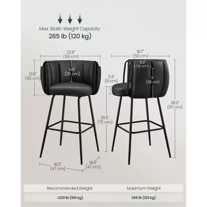 Lot de 2 tabourets de bar rembourrés avec assise pivotante à 360° et poches de rangement, dossier incurvé et repose-pieds, capacité de 120 kg, hauteur de comptoir, Noir Encre