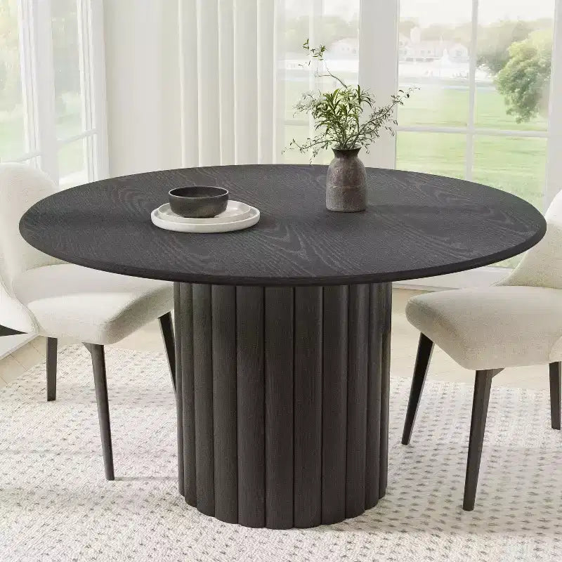 PexFix 52 Table à Manger Ronde en Bois pour 4 à 6 Personnes avec Plateau à Bords Arc-Forme et Piédestal Texturé pour Salon/Salle à Manger, Café, Bureau Noir