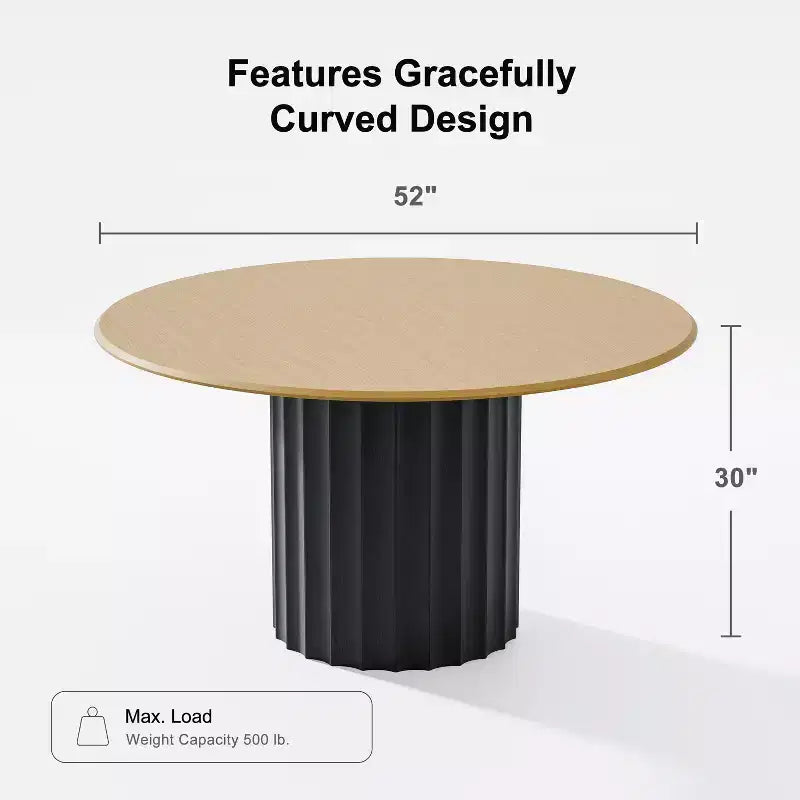 Table à manger ronde en bois PexFix 52, table de cuisine pour 4 à 6 personnes avec plateau aux bords arrondis et piédestal cannelé pour salon/salle à manger/bureau, couleur naturelle