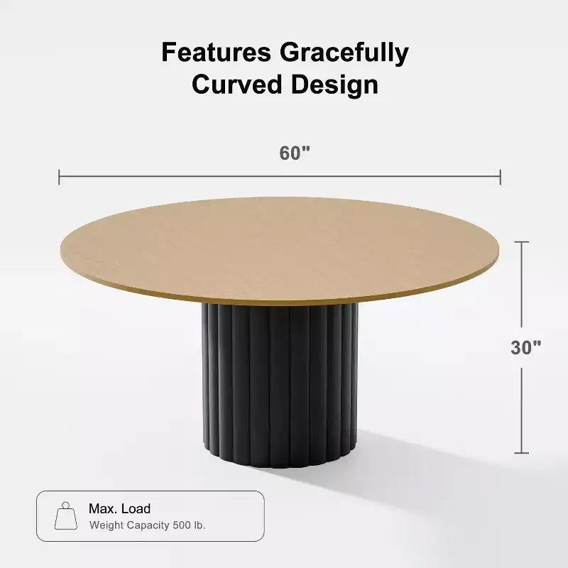 PexFix 60 Table de salle à manger ronde en bois massif, table de cuisine pour 6-8 personnes avec plateau et base cylindrique texturée pour salon/salle à manger/bureau, couleur naturelle