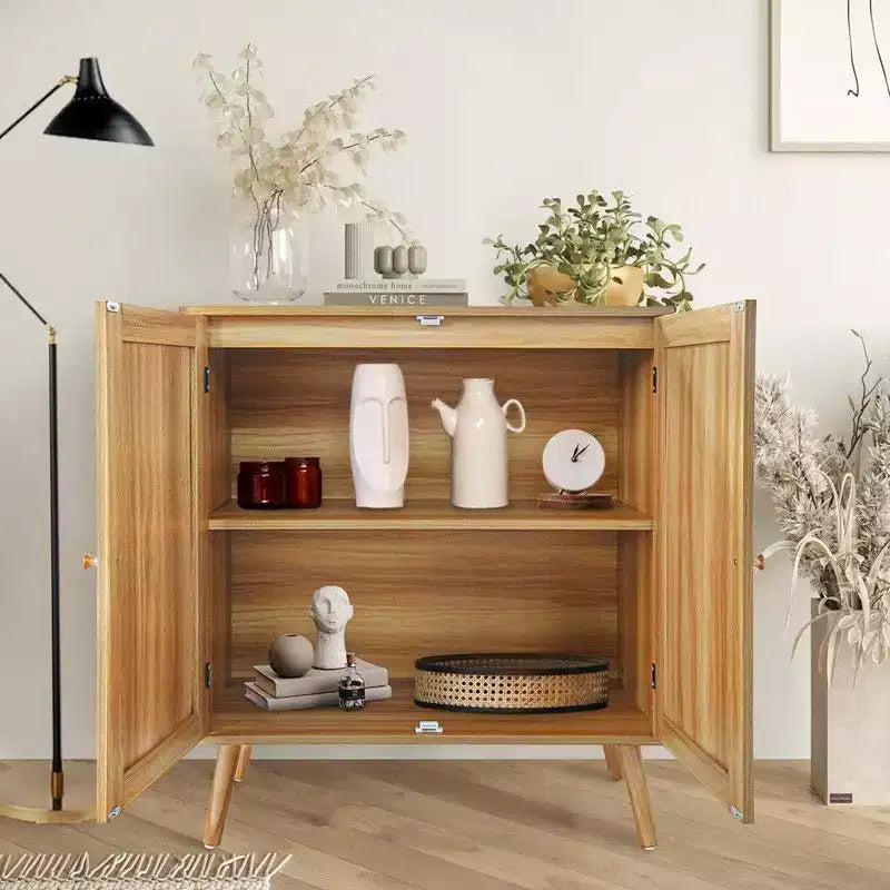 Bahut en rotin avec rangement, buffet de ferme avec étagères réglables et pieds en bois