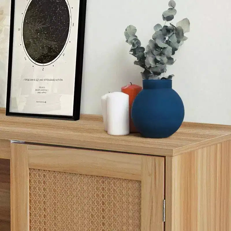 Bahut en rotin avec rangement, buffet de ferme avec étagères réglables et pieds en bois