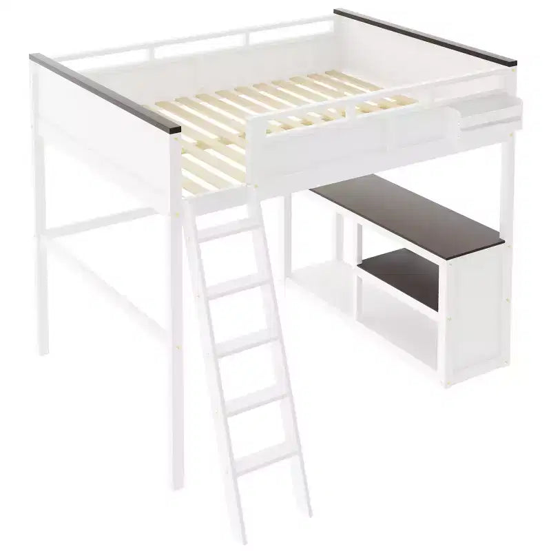 Lit mezzanine Queen Size avec bureau et étagères intégrés, cadre de lit mezzanine en bois peu encombrant avec boîte de rangement et USB, blanc