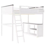 Lit mezzanine Queen Size avec bureau et étagères intégrés, cadre de lit mezzanine en bois peu encombrant avec boîte de rangement et USB, blanc