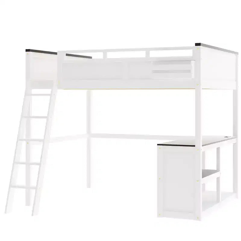 Lit mezzanine Queen Size avec bureau et étagères intégrés, cadre de lit mezzanine en bois peu encombrant avec boîte de rangement et USB, blanc