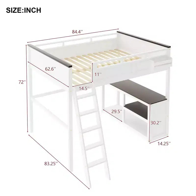 Lit mezzanine Queen Size avec bureau et étagères intégrés, cadre de lit mezzanine en bois peu encombrant avec boîte de rangement et USB, blanc