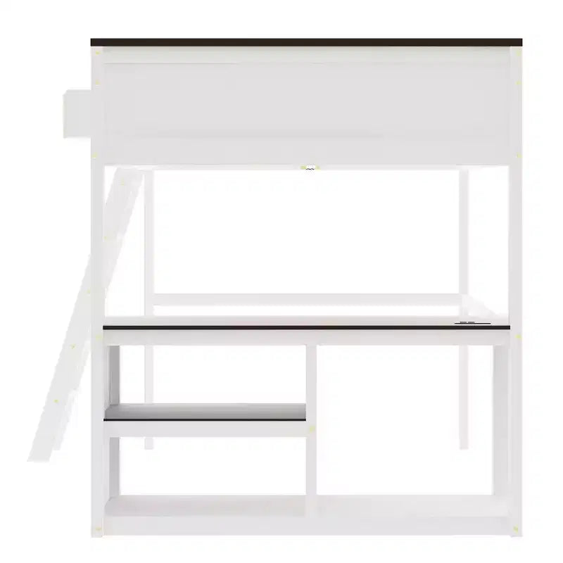 Lit mezzanine Queen Size avec bureau et étagères intégrés, cadre de lit mezzanine en bois peu encombrant avec boîte de rangement et USB, blanc