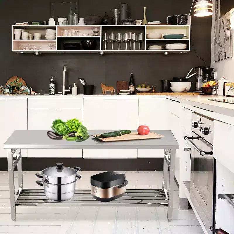 Table de travail pliable en acier inoxydable robuste avec étagère inférieure réglable, plan de travail certifié NSF pour cuisine commerciale, boulangerie ou usage domestique