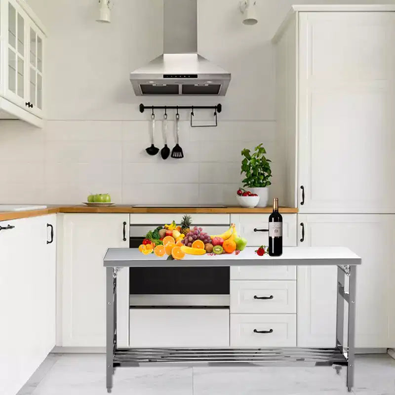 Table de travail pliable en acier inoxydable robuste avec étagère inférieure réglable, plan de travail certifié NSF pour cuisine commerciale, boulangerie ou usage domestique