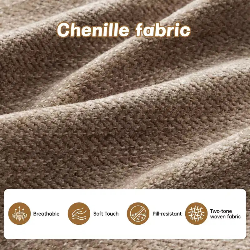 Canapé d'angle modulable 3 places en chenille beige en forme de U avec 2 poufs et 2 coussins décoratifs pour le salon