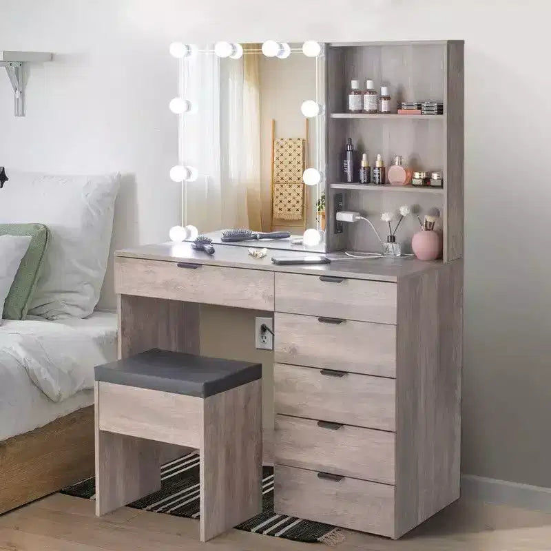 Coiffeuse en panneau de particules gris mélaminé avec 6 tiroirs et 2 étagères