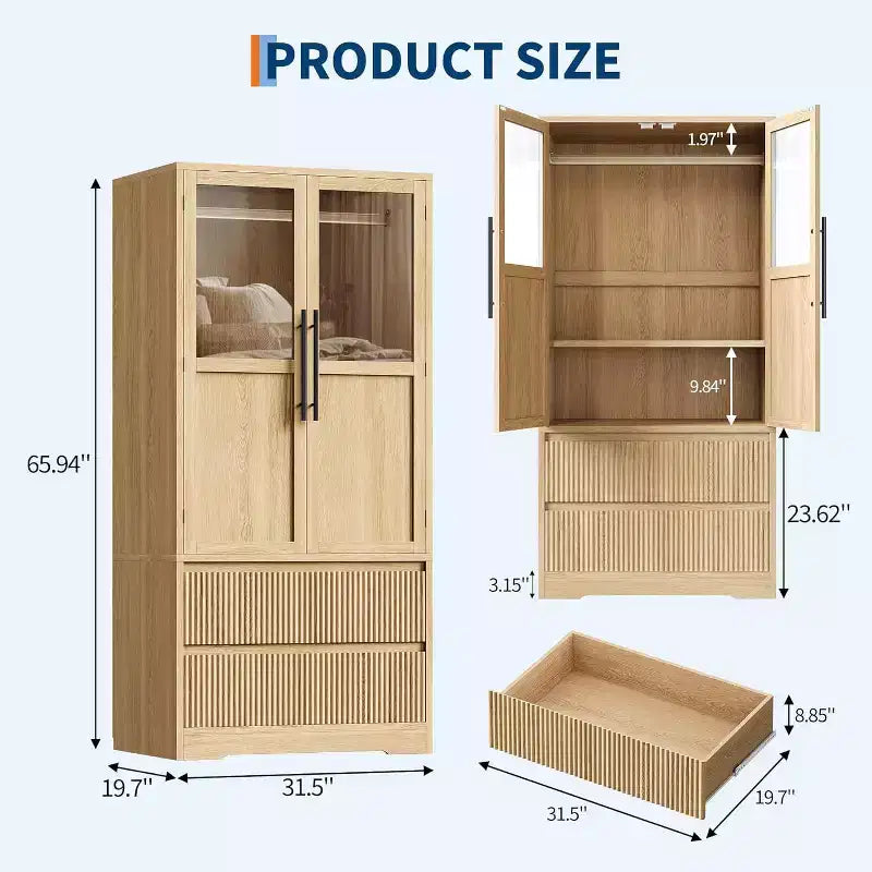 Grande Armoire-Penderie en Bois pour Chambre à Coucher, avec Portes Vitrées et 2 Tiroirs, Étagères et Tringle de Suspension pour Chambre, Vestiaire