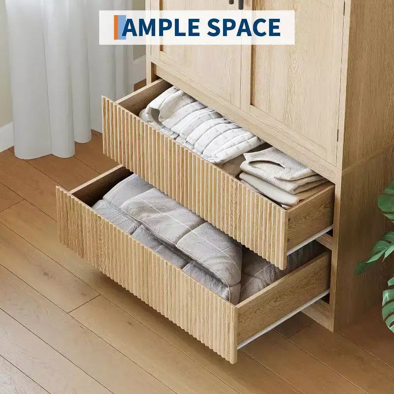 Grande Armoire-Penderie en Bois pour Chambre à Coucher, avec Portes Vitrées et 2 Tiroirs, Étagères et Tringle de Suspension pour Chambre, Vestiaire