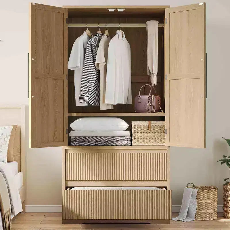 Grande Armoire-Penderie en Bois pour Chambre à Coucher, avec Portes Vitrées et 2 Tiroirs, Étagères et Tringle de Suspension pour Chambre, Vestiaire