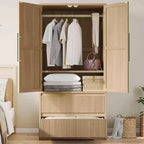 Grande Armoire-Penderie en Bois pour Chambre à Coucher, avec Portes Vitrées et 2 Tiroirs, Étagères et Tringle de Suspension pour Chambre, Vestiaire