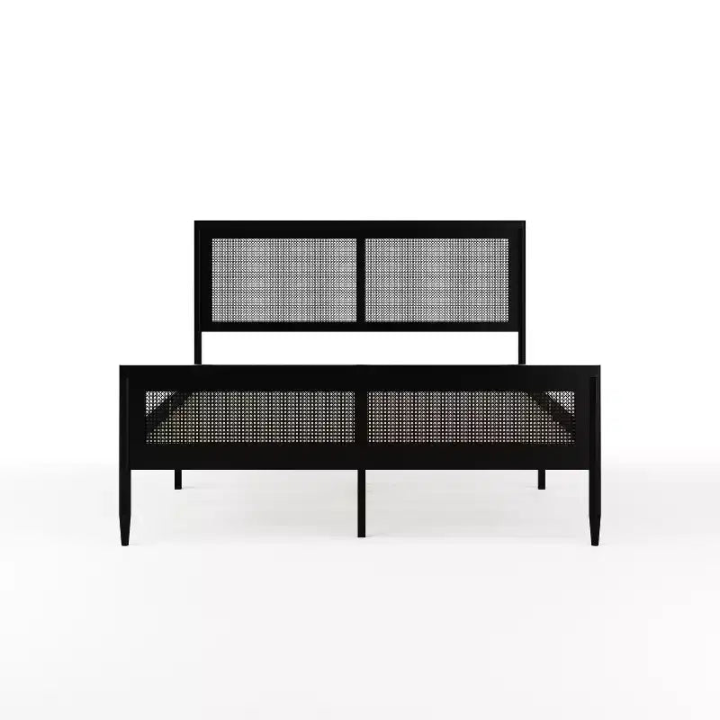 Lit plateforme Martha Stewart Jax en bois massif avec tête et pied de lit en rotin, aucun sommier tapissier requis
